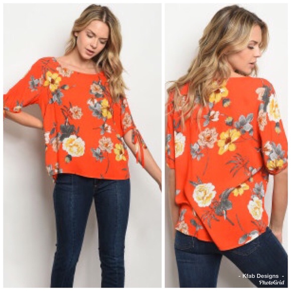 🥰LAST 1! 💕 Tangerine Floral Tie Sleeve Top! - Picture 4 of 5